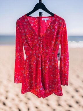 Emerald Sundae Red Floral Long Sleeve Romper